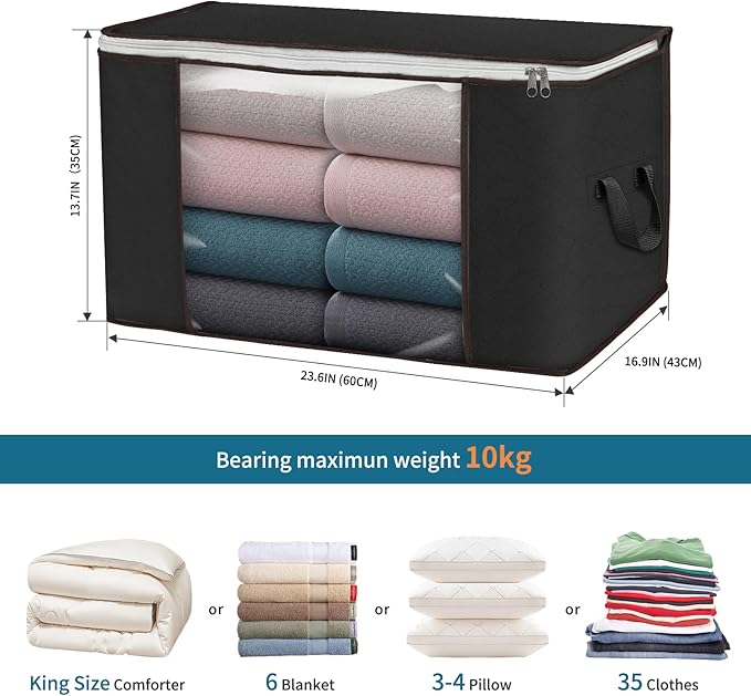 Large Storage Bags, 3 Pack Clothes Storage Bins Foldable Closet Organizers Storage Containers with Durable Handles Thick Fabric for Blanket Comforter Clothing Bedding 90 L (Black) - Image 2