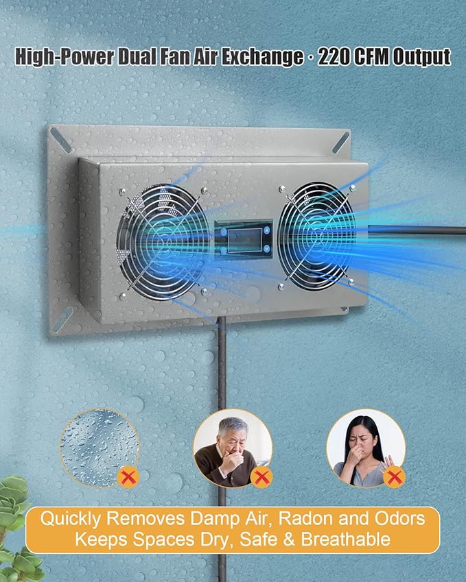 Crawlspace Ventilation Fan with Temp and Humidity Controller, Freeze Protection Thermostat, Stainless Steel Exhaust Fan for Crawl Spaces Basement Attic Garage Hydroponics Grow Tents (220 CFM Airflow) - Image 2
