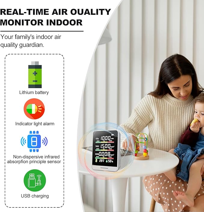 8-in-1 Air Quality Monitor | with Real-Time Temp, Humidity & Clock Display | Portable CO2, HCHO, TVOC, AQI Detector for Home, Office, Car - Image 3