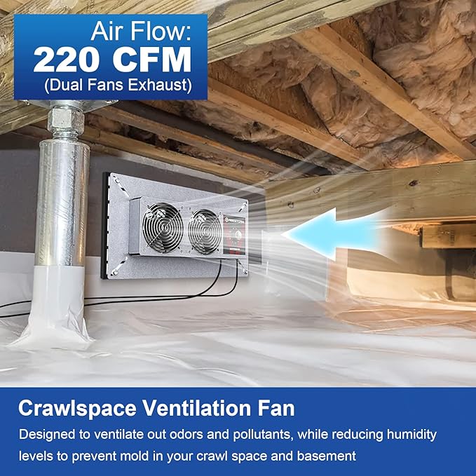 Abestorm Crawlspace Ventilation Fan with Humidistat, Basement Vent Fans with Dehumidistat & Freeze Protection Thermostat, Dual Air Vent Fan for Basement/Kitchen (220 CFM Airflow) - Image 2