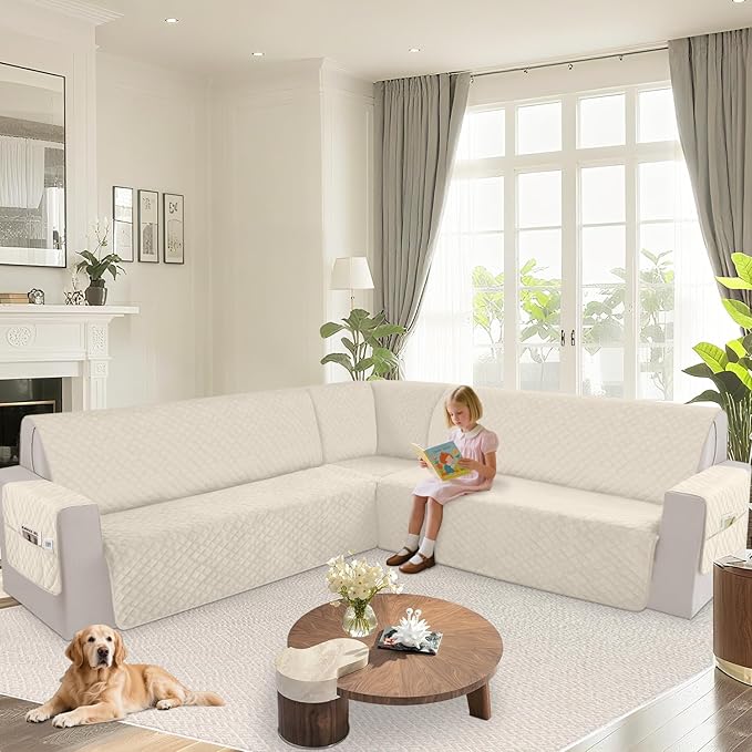 Arfntevss Waterproof Sectional Couch Covers L Shape Washable Velvet Sofa Cover for Sectional Non Slip U Shaped Corner Sofa Slipcover Sets Dog 6 Pcs Universal Furniture Protector (Beige, Small) - Image 6