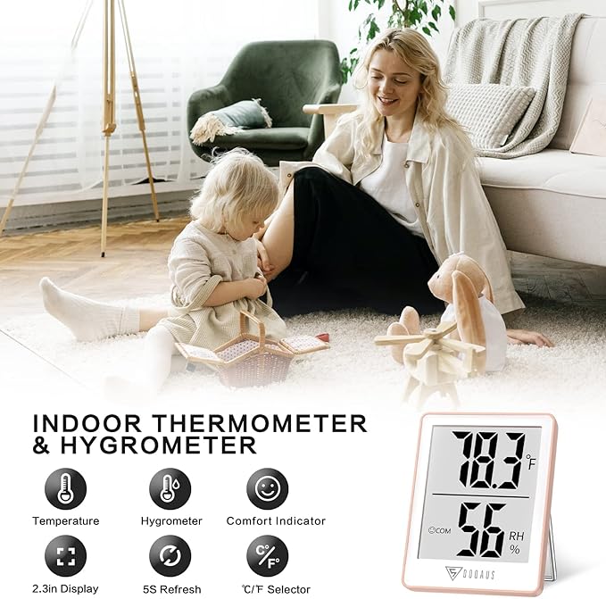 DOQAUS Indoor Thermometer for Home, Room Thermometer Humidity Meter with Temperature Humidity Sensor for Home, Bedroom, Baby Room, Office, Greenhouse, Cellar (Pink) - Image 2