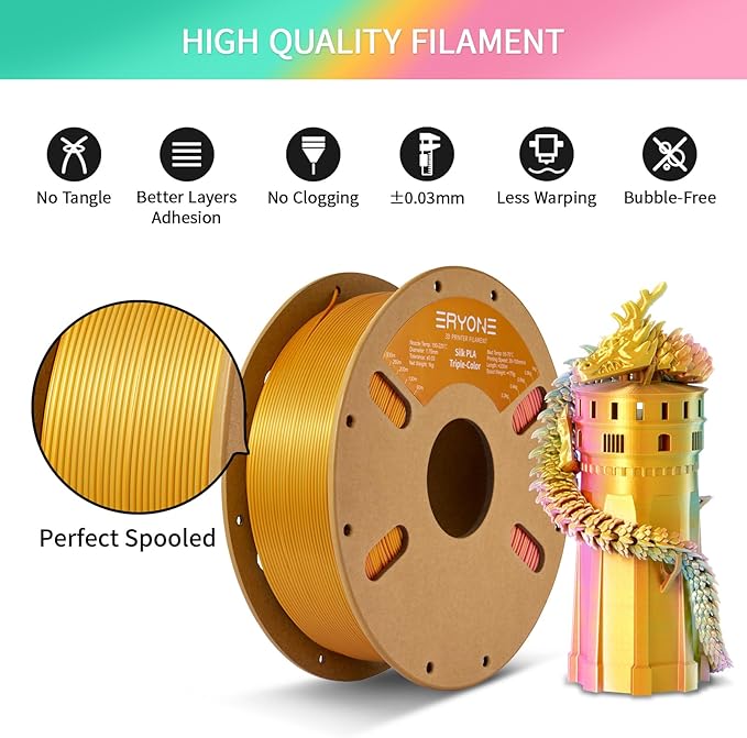 ERYONE Silk Tri Color PLA Filament 3D Printer 1.75mm +/- 0.03mm, Multicolor Filament Tricolor PLA 1KG(2.2lbs) Cardboard Spool, Turquosie&Reddish Orange&Gold - Image 5