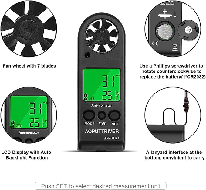 Anemometer Handheld Wind Speed Meter for Measuring Wind Speed Temperature and Max/Average/Current, High Precision Anemometer Measuring for Windsurfing Sailing Fishing Outdoor Activities - Image 3