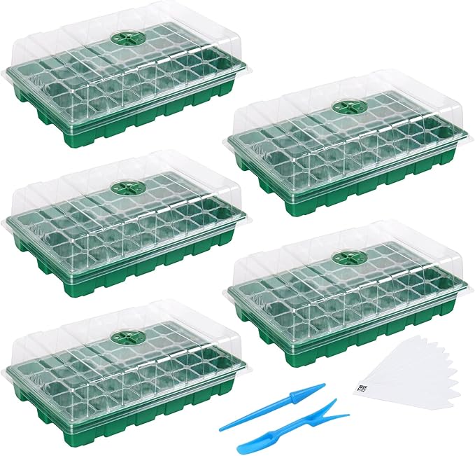 MIXC Seedling Trays Seed Starter Tray, 5-Pack Mini Propagator Plant Greenhouse Grow Kit with Humidity Vented Domes and Base for Seeds' Starting (40 Cells Per Tray, Total 200 Cells), Green by MIXC