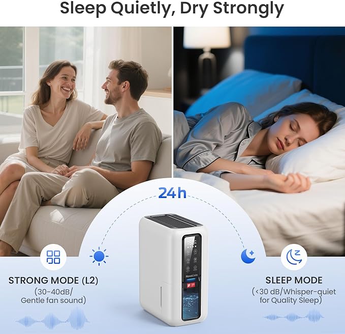 Dehumidifier for Home, Dehumidifiers for Bathroom, Bedroom, Living room, Closet with 68 OZ Water Tank, Moisture Absorbers, Auto Shut Off, Auto Humidity Control, 7 Colors LED Light, Black and White - Image 6