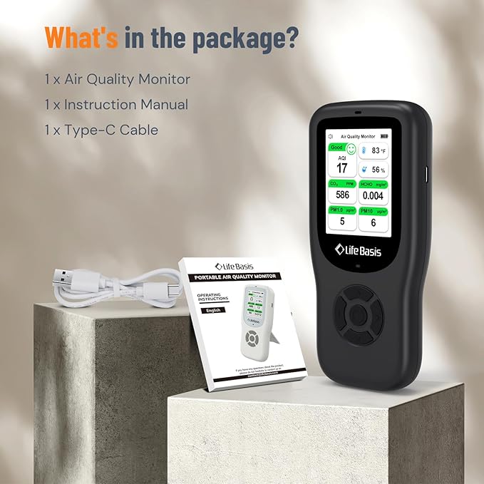 LifeBasis Air Quality Monitor Indoor, 11-in-1 Air Quality Detector with Stand, Real-Time Air Meter Test AQI, PM1.0, PM2.5, PM10, CO2, TVOC, HCHO, Particles, Temperature and Humidity, Dual Alert -Black - Image 8