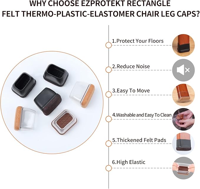 Ezprotekt 16 Pcs Rectangle Silicone Chair Leg Floor Protectors, Felt Rectangle Black Furniture Leg Cap Covers for Chair Table Desk - Anti- Scratches (Fit L :1.3-1.7", W: 0.9-1.2") - Image 4