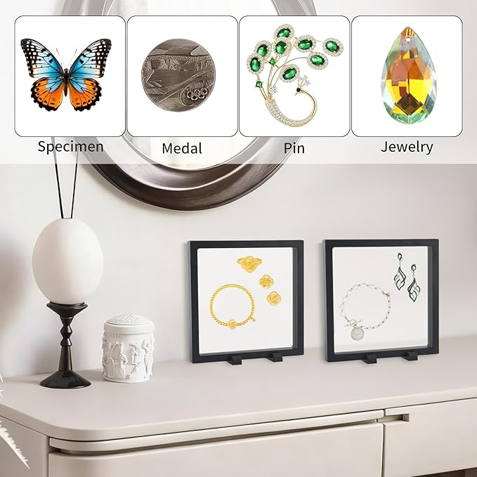 10 Pcs Floating Frame Case with Stands 7x7x0.8 in, Black Challenge Coin Display,Transparent PE Jewelry Storage Box, Floating Display Holder Stands for Antique Challenge Coins Medallion Fossil Specimen - Image 6
