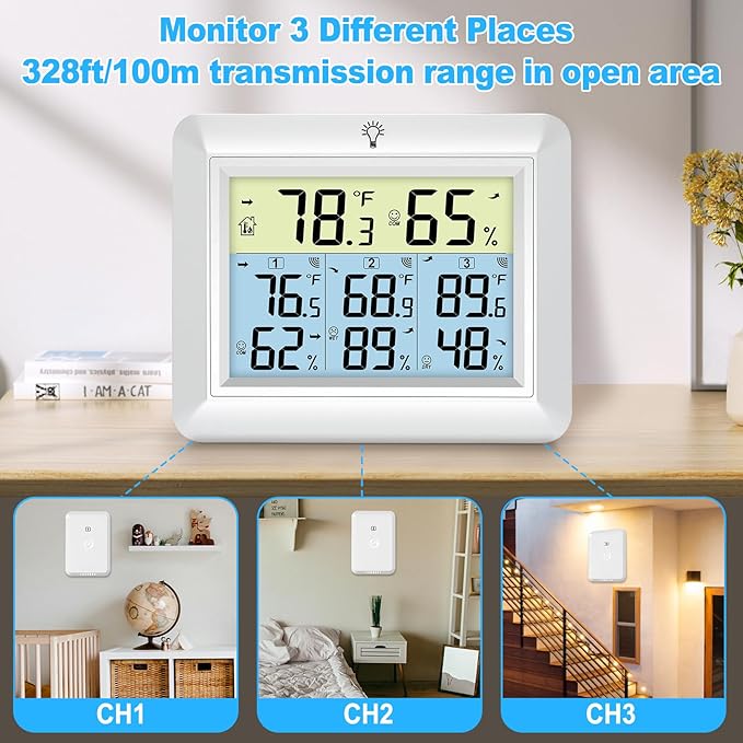 Urageuxy Weather Station Wireless Indoor Outdoor Thermometer with 3 Sensors, Remote Temperature Monitor with Humidity for Home, Baby Nursery, Room, Attic, Patio - Image 3