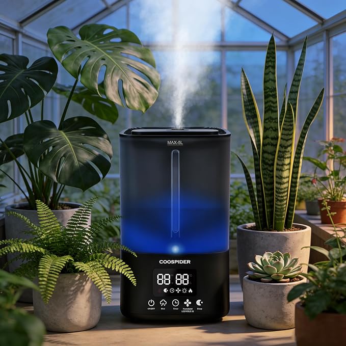 Coospider 5L Humidifier for Indoor Plants, Top Fill Humidifier for Grow Tent, Cool Mist Humidifiers with Timer & Humidity Control, Quiet Fogger for Plants, Mushroom, Greenhouse, Terrarium, Bedroom by Coospider