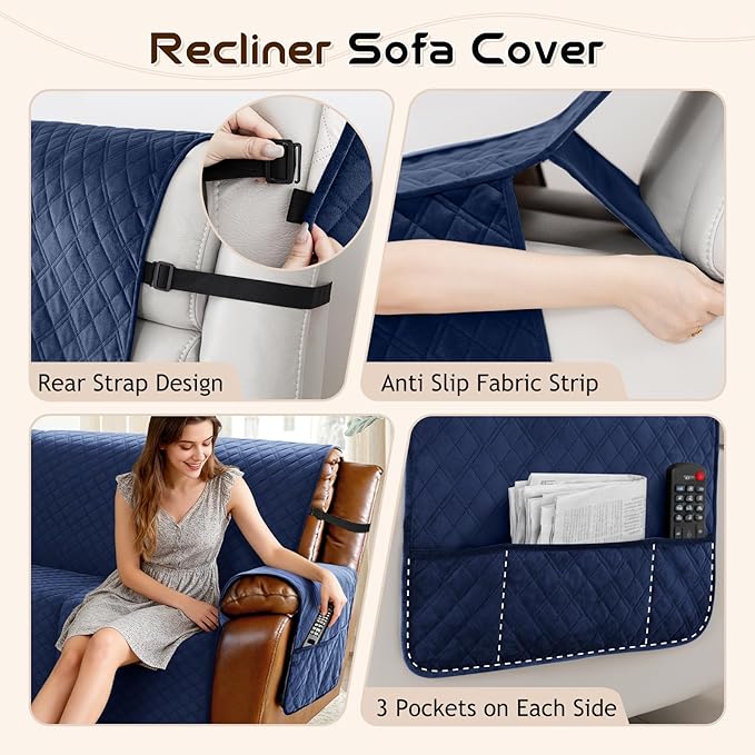 Arfntevss Waterproof Recliner Sectional Couch Covers for Reclining L Shape Sofa Cover Non Slip Washable L Shaped Slipcover Set for Dog Furniture Protector (5 Seat with 1 Console Cover, Midnight Blue) - Image 4