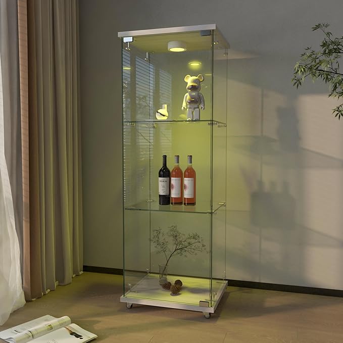 Yoluckea 3-Shelf Glass Display Cabinet with LED Lights, 1-Door Floor Standing Curio Cabinet with Universal Wheel for Home or Office, White Glass Bookshelf for Collections, Decor, and Corner Display by Yoluckea