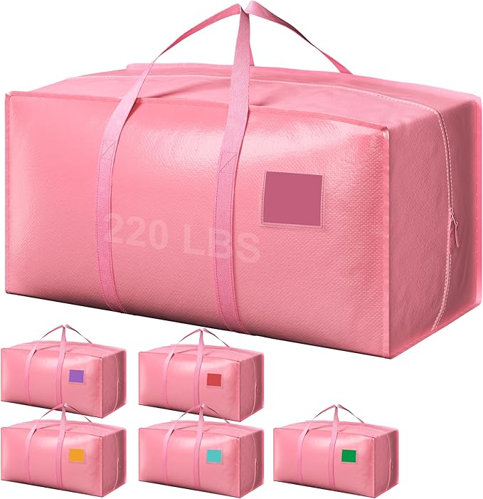 6 Pack Extra Heavy Duty Large Moving Bags with Reinforced Zipper & Wide Handles, Waterproof Storage Bins for Clothes, College Dorm, Travel, and Home Organization, Pink by Unknown