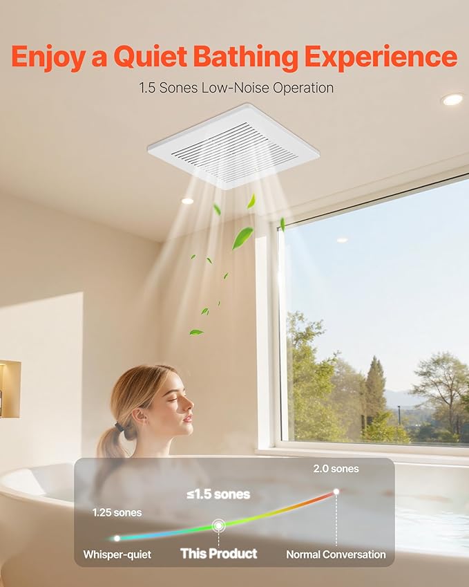 VEVOR Bathroom Exhaust Fan, 80 CFM Bathroom Vent, Low-Noise, Premium Motor Ceiling Fan, Standard 4-inch Duct Interface for Laundry Room, Storage Room, Home Ventilation, White - Image 3