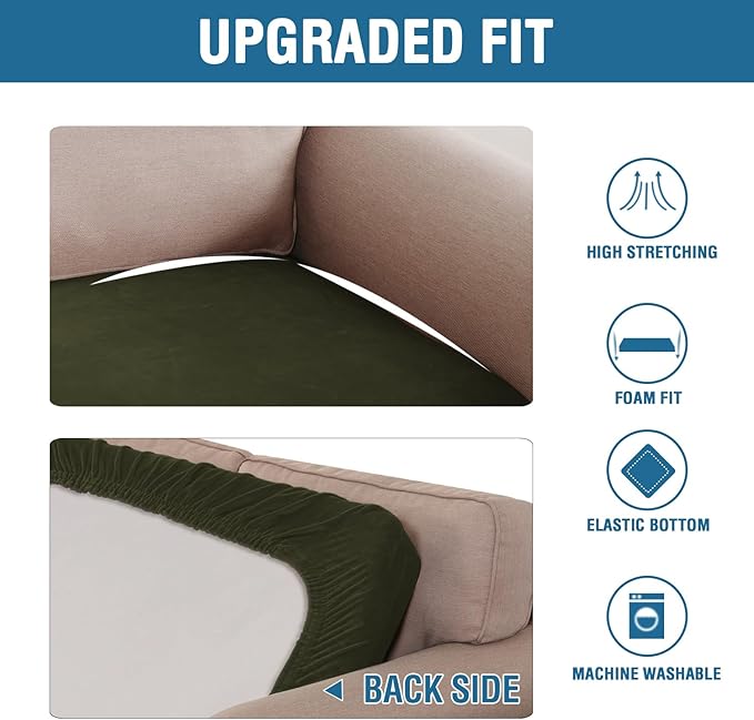 H.VERSAILTEX Velvet Stretch Individual Cushion Cover Plush Cushion Slipcover for Loveseat Sofa Furniture Protector Seat Cushion Sofa Cover (1 Piece Loveseat Cushion Cover, Olive) - Image 5