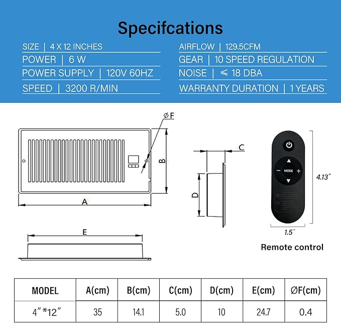 GCJ Register Booster Fan,Fits Wall and Floor 4"x 12" Register Holes,Vent Fan with Remote Control and Adjustable 10-Speed including Powered Vent,White. ﻿ - Image 3