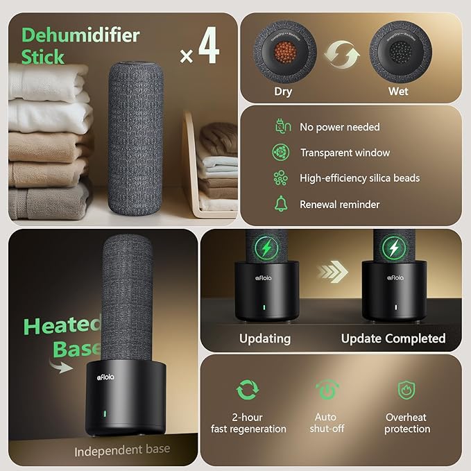 Afloia Rechargeable Cordless Gun Safe Dehumidifier with Heating Base, Mini Quiet Portable Dehumidifier for Spaces Like Room, Bathroom, Closet, Car, RV, Boat, TOPZ 4+1 - Image 2