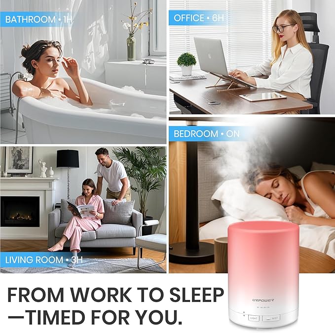URPOWER 300ml Essential Oil Diffuser: Ultrasonic Aromatherapy Diffuser Quiet Auto Shut-Off, 4 Timer Settings(1H 3H 6H ON) & 7-Color Night Light Humidifier for Yoga Bedroom Living Room Office - Image 6