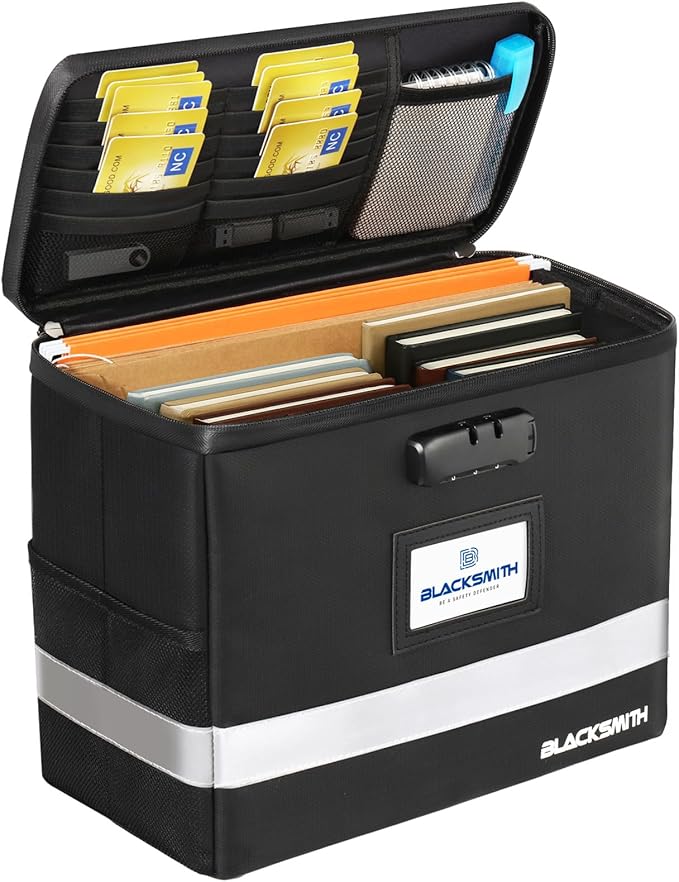 BlackSmith Fireproof Document Box With Lock, 4200°F Heat Resistant & IPX3 Waterproof Document Bag with Hanging File Organizer for Letter Size, Collapsible Portable File Safe Box for Office, Travel by BlackSmith