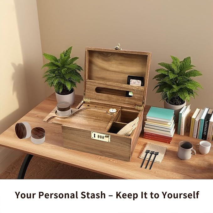 Large Wooden Box With Combination Lock, Wooden Lock Box With Lid, Locked Storage Box With Removable Tray And Jars,Ideal For Home Storage - Image 5