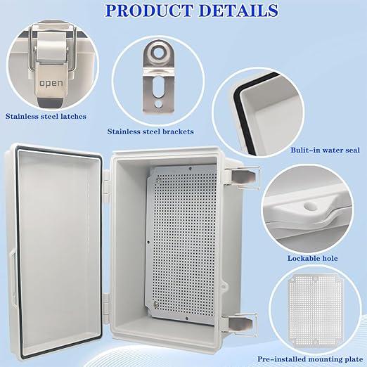 Waterproof Electrical Box, IP67 Junction Box Stainless Steel Latch Hinged Grey Cover Project Enclosure with Wall Bracket 11.1"x7.5"x5.5" - Image 3