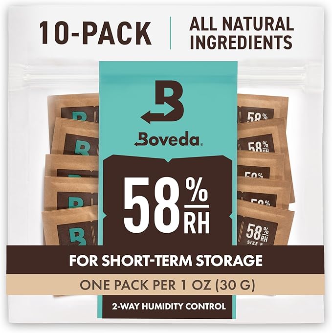 Boveda 58% Two-Way Humidity Control Packs For Storing 1 oz – Size 8 – 10 Pack – Moisture Absorbers for Small Storage Containers – Humidifier Packs – Hydration Packets in Resealable Bag by Boveda