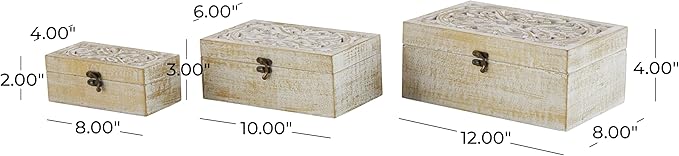Deco 79 Mango Wood Floral Handmade Decorative Box Decorative Keepsake Boxes with Hinged Lid, Set of 3 Storage Boxes 8", 10", 12"W, White - Image 6