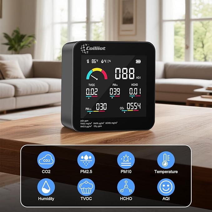 Air Quality Monitor Indoor – CO2 Detector, VOC Meter and AQI Tester Tracks TVOC, HCHO, PM2.5 & PM10 with Temperature & Humidity Sensor for Home Office (Black) - Image 2
