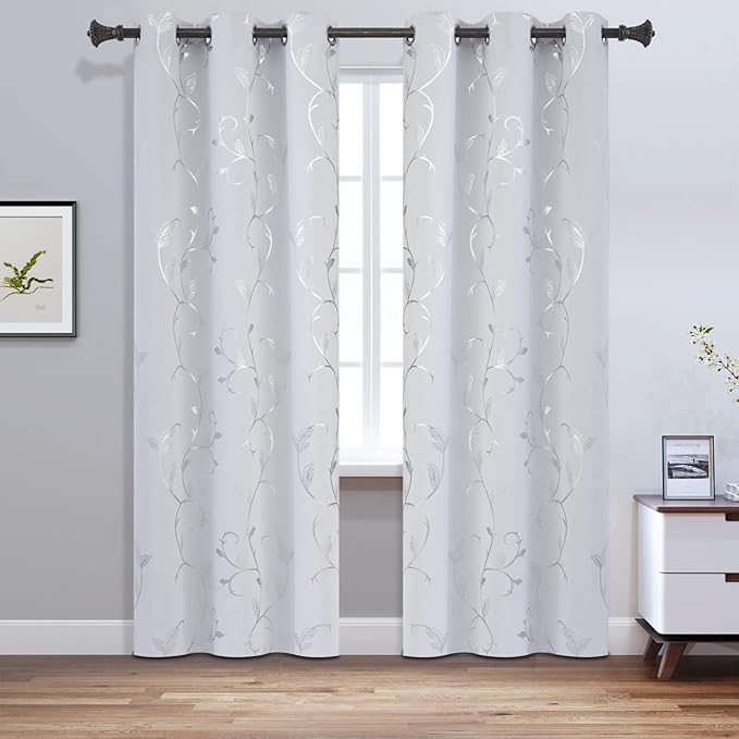 BUHUA Greyish White Curtains Shinny Silver Vine Print Design Blackout Window Curtains for Nursery 38Wx72L Set of 2 Panels - Image 2