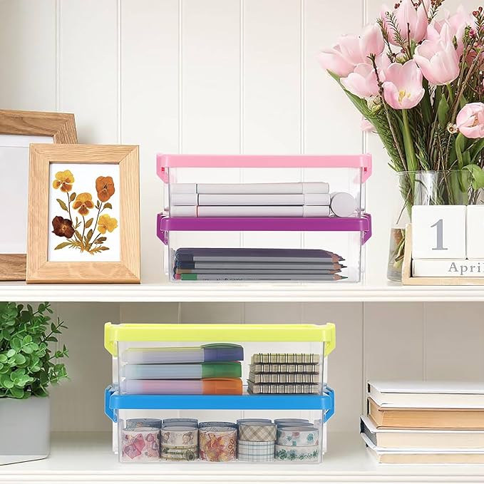 BTSKY 4-Pack Clear Plastic Storage Box with Lid, Stackable Organizer Featuring Easy-Lift Dolphin Design Multi-Use Portable Small Container for Home Craft Office Space-Saving with Secure-Clasp,4 Colors - Image 4