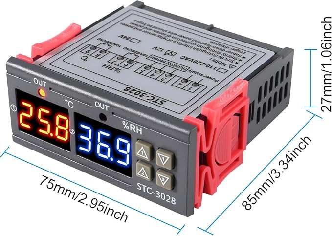 STC-3028 Temperature Controller 12V Temperature and Humidity Controller Meter with Integrated Sensor Dual Digital Display Thermometer Hygrometer Incubator Controller - Image 6