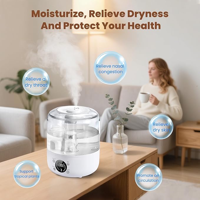 Humidifiers for Bedroom Baby, QWUE Top Fill 3L Humidifier Large Room, Easy to Fill & Clean, 28dB Quiet Cool Mist Air Humidifier for Plants, Home, Nursery, Allergy Relief, Auto Shut-off and BPA-Free - Image 5