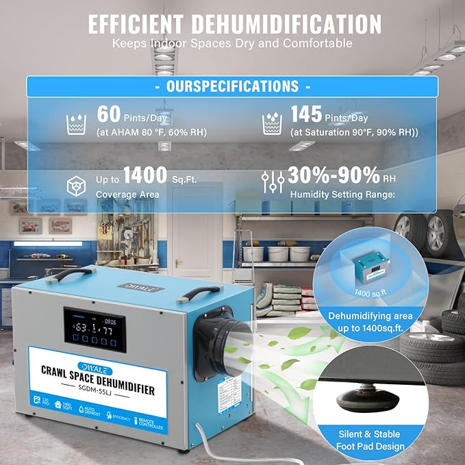 145 Pint Commercial Dehumidifier,Crawl Space Dehumidifier with Pump and Hose,Portable, AutoDefrost, Memory Restart Starting,Whole House dehumidifier for Basements, Warehouses - Image 3