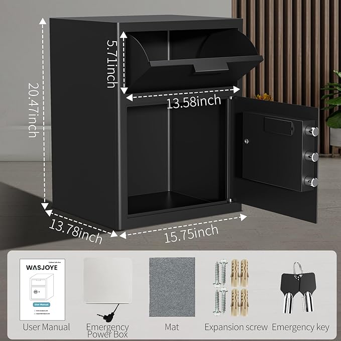 WASJOYE Depository Drop Cabinet Safe - 2.6 Cubic Feet Large Size with Digital Keypad Lock and Anti Theft, Business Security Safe Box with Alarm Function, Large Drop Slot Box for Cash Slip Office Home - Image 5