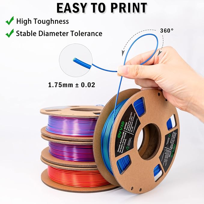 OVV3D 3D Printer Filament, PLA Filament 1.75mm Bundle, Dual Color Filament, Coextrusion 3D Filament, Silk PLA Color Change Every Inch, 3D Printing Filament +/-0.02mm, 200g X 4 Spool - Image 5