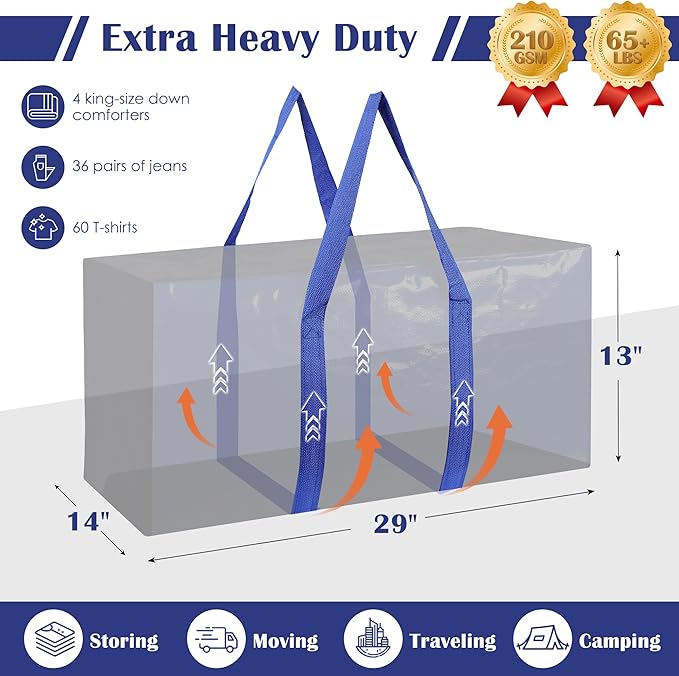6 Pack Extra Large Heavy Duty Moving Bags with Reinforced Zipper & Wide Handles, Moisture-Resistant Storage Bins Packing Cubes for Clothes, College Dorm, Travel, and Home Organization, Blue - Image 2