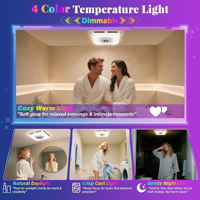 Bathroom Exhaust Fan with Speaker & Light Plug & Play, Dual Speakers, 230 CFM 1.0 Sone, 7 RGB Modes, 3000-6500K, Remote Bathroom, Laundry Room, Bedroom,Office - Image 5