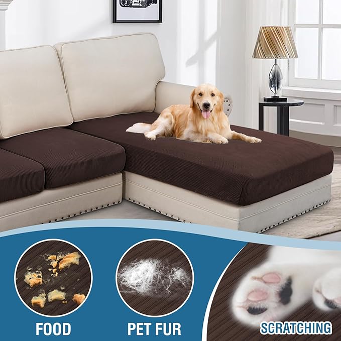 H.VERSAILTEX Velvet Stretch Sectional Couch Covers - 4 Pieces Sofa Seat Cushion Covers L Shape Separate Cushion for Both Left/Right Couch (Large Sofa 3 Seater + 1 Chaise, Brown Striped) - Image 3