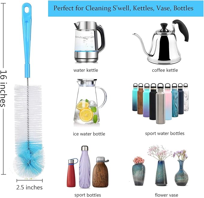 ALINK 8-Pack Bottle Cleaning Brush Set - Long Handle Bottle Cleaner for Washing Narrow Wine/Beer Bottle, Thermos, Hummingbird Feeder, Sport Well, Plus Kettle/Straw Brush - Image 2