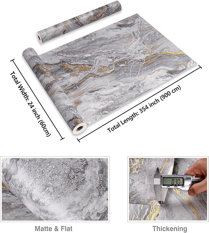 CRE8TIVE Wide 24"x354" Matte Gold Grey Marble Contact Paper for Kitchen Countertop Peel and Stick Marble Wallpaper Self Adhesive Removable Temporary Wallpaper Waterproof Vinyl Wrap for Furniture Walls - Image 8