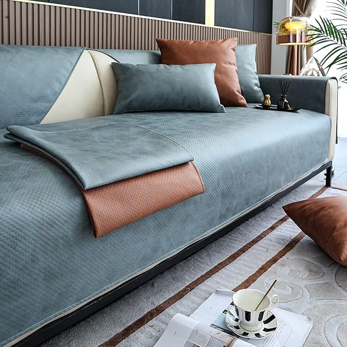 Faux Leather Waterproof Couch Sofa Cover Vintage PU Sectional Couch Cover Non Slip Sofa Slipcover Furniture Protector for Kids Dogs Cats (Blue,28"x35") - Image 4