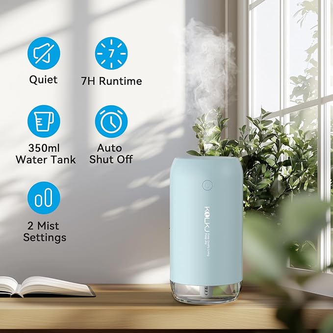 Portable Mini Humidifier, KQLKJ 350ml Small Cool Mist Humidifier, USB Personal Desktop Humidifiers for Bedroom Car Office Travel with Auto Shut-Off & 2 Mist Modes (Blue) - Image 2