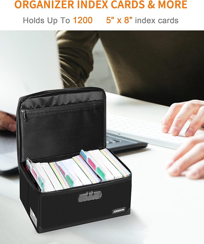 JUNDUN Index Card Holder with Lock,Collapsible Fireproof Index Card Box fits 1200 5x8-Inch Flash Cards - Business, Recipe, or Note Card Storage Boxes - Black - Image 2