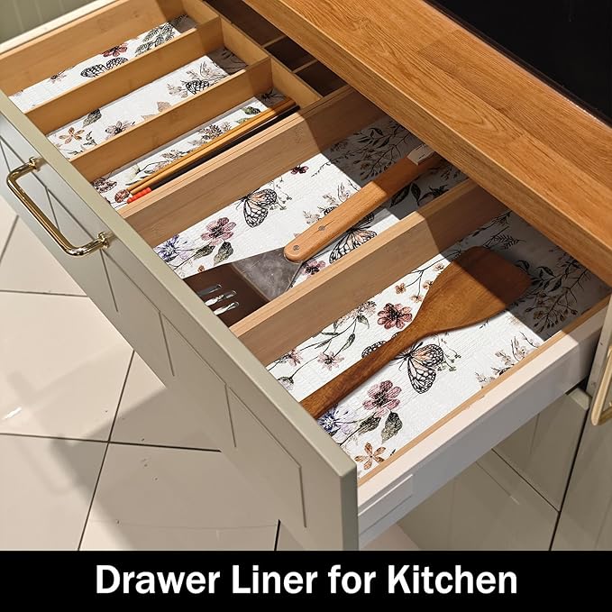 Floral Shelf Liners Non Adhesive 16IN x 20FT and Strong Non-Slip Shelf and Drawer Liners for Kitchen Cabinet Wire Fridge, Waterproof Shelf Drawer Liner,Easy to Clean,Butterfly - Image 4