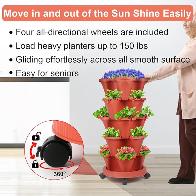 DUNCHATY Stackable Planters 5 Tier Vertical Garden Planting Tower Planters Strawberry, Herb, Flower, and Vegetable Planter Indoor Outdoor Gardening Pots with Removable Wheels and Tools - Image 3