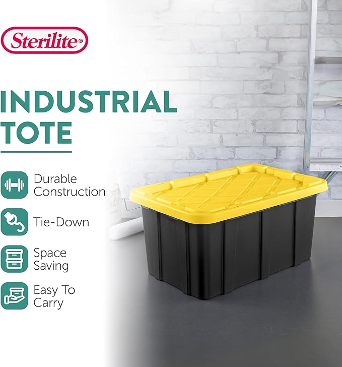 Sterilite 17 Gal Industrial Tote, Stackable Storage Bin with Snap-Fit Lid for Garage, Basement & Attic Storage, Black Base and Yellow Lily Lid, 6-Pack - Image 2