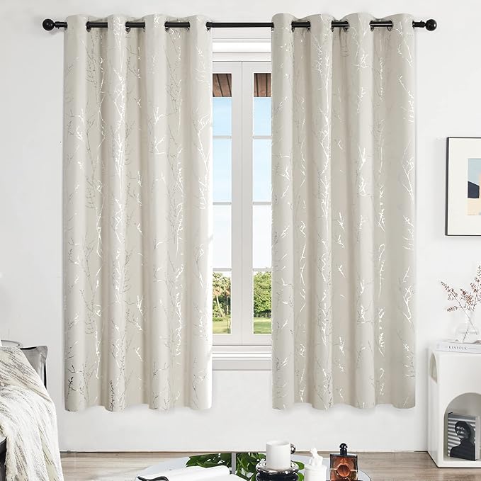 Deconovo Living Room Curtains, Room Darkening Curtain, Thermal Insulated Soundproof Drapes, Silver Branch Print, 52 x 72 Inch Long, Machine Washable Window Panels for Bedroom Office Nursery, Set of 2 - Image 2