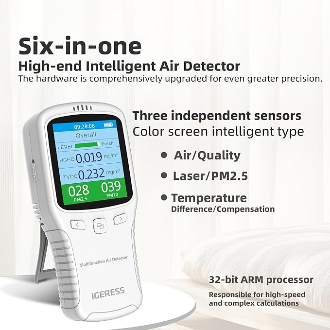 Air Quality Monitor Indoor, 8 in 1 Formaldehyde Detector, voc Meter, Detect Indoor HCHO,TVOC,AQI,PM2.5,PM10,PM1.0,Temperature and Humidity Tester. Colorful LCD Screen & USB Charging (White) - Image 5