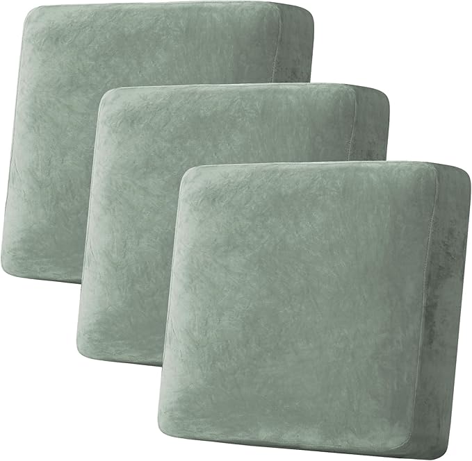 H.VERSAILTEX Velvet Stretch Couch Cushion Cover Plush Cushion Slipcover for Chair Loveseat Sofa Cushion Furniture Protector Seat Cushion Sofa Cover (3 Piece XL Sofa Cushion Covers, Sea Grass) by HVERSAILTEX